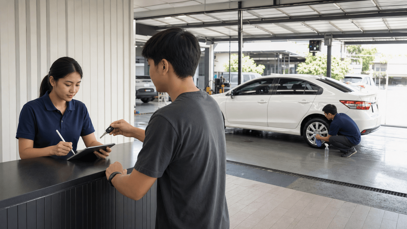 พนักงานร้านคาร์แคร์ไทยกำลังรับคิวและบันทึกงานที่หน้าเคาน์เตอร์