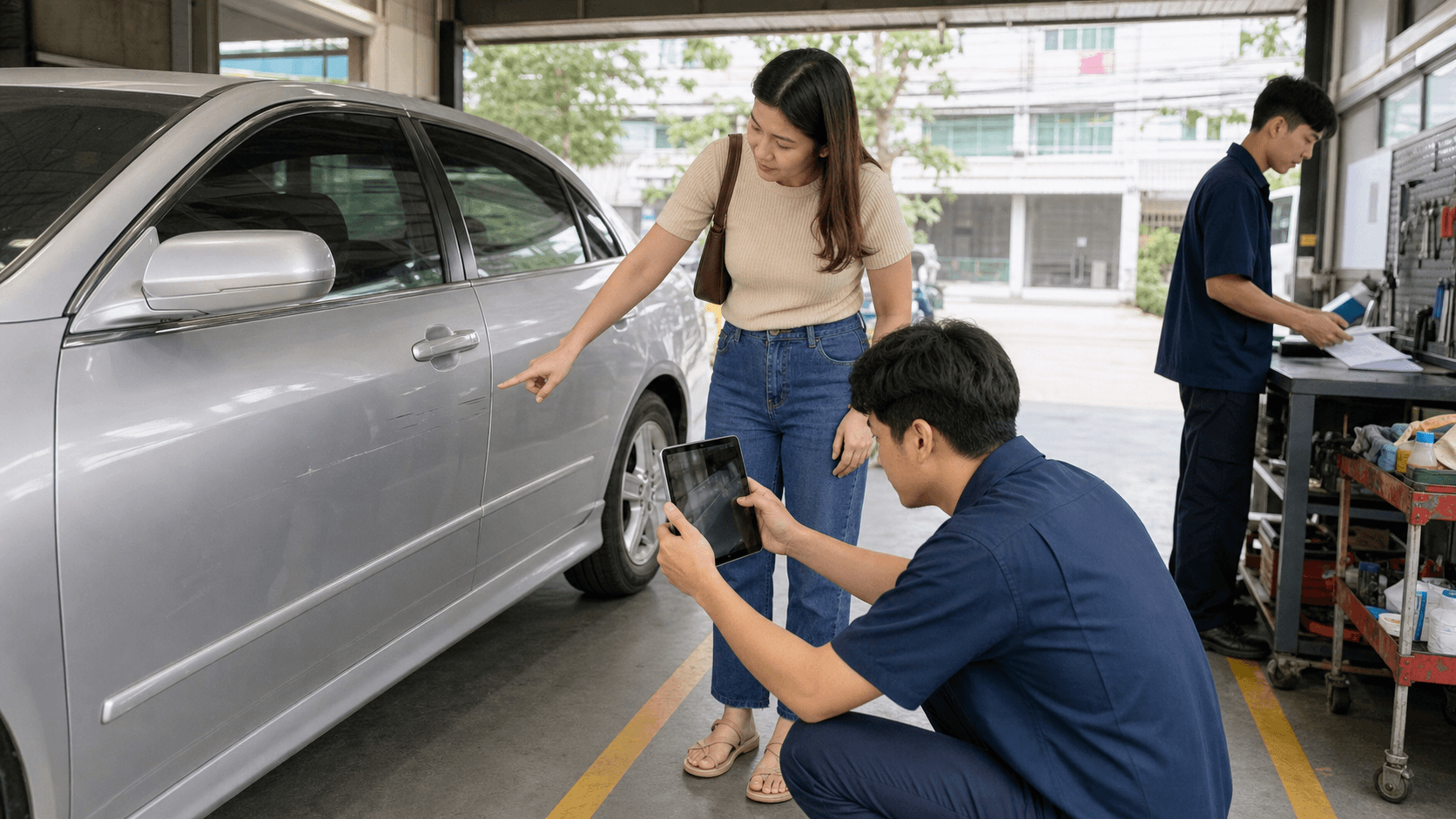 พนักงานหน้าร้านคาร์แคร์รับลูกค้า walk-in และบันทึกงานบริการ